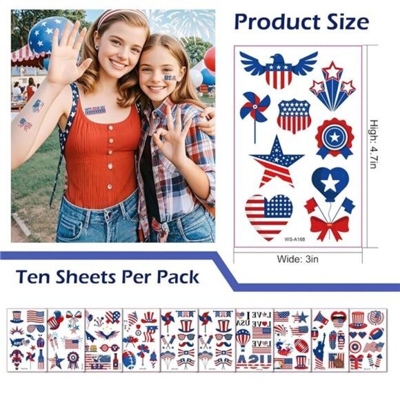 90pcs 4th of July Temporary Tattoos - USA American Flag Patriotic Red White Blue - Picture 3 of 7
